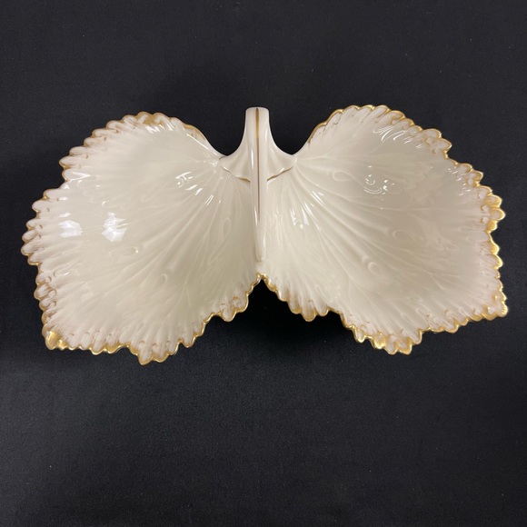 VTG Lenox USA Double Leaf Porcelain Nut Candy Dish Hand Decorated W/24k Gold USA - Picture 1 of 12
